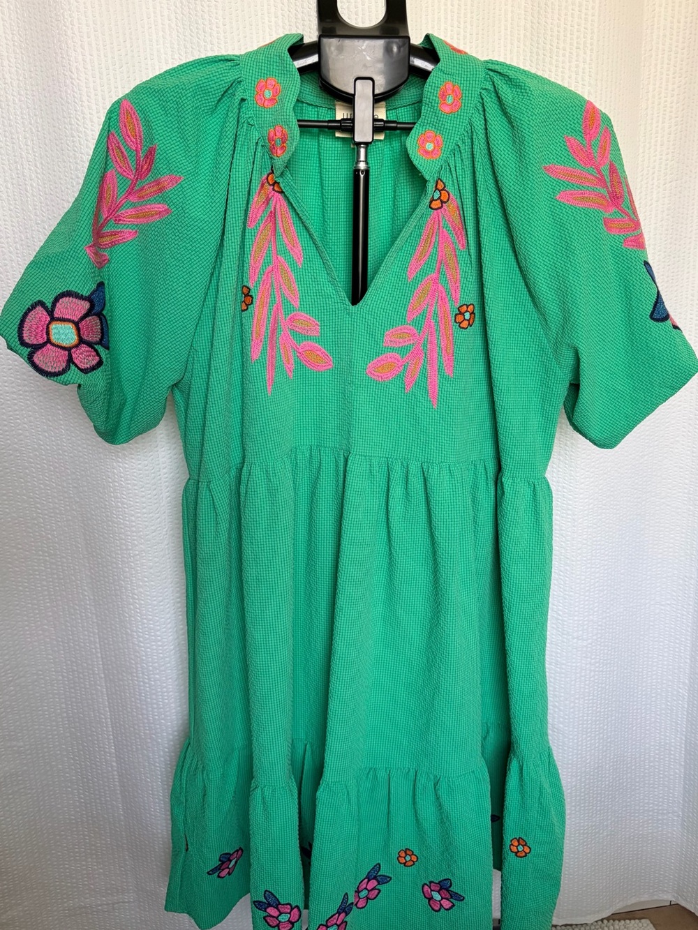 Umgee Green Midi Dress with Pink Floral Embroidery